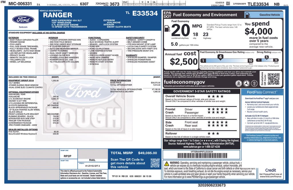 Avalanche 2026 Ford Ranger Pickup Truck Four-Wheel Drive Automatic
