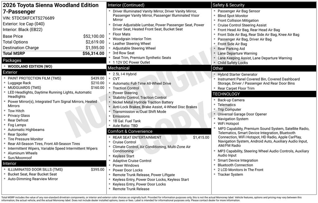 Ice 2026 Toyota Sienna Minivan All-Wheel Drive Continuously Variable Transmission