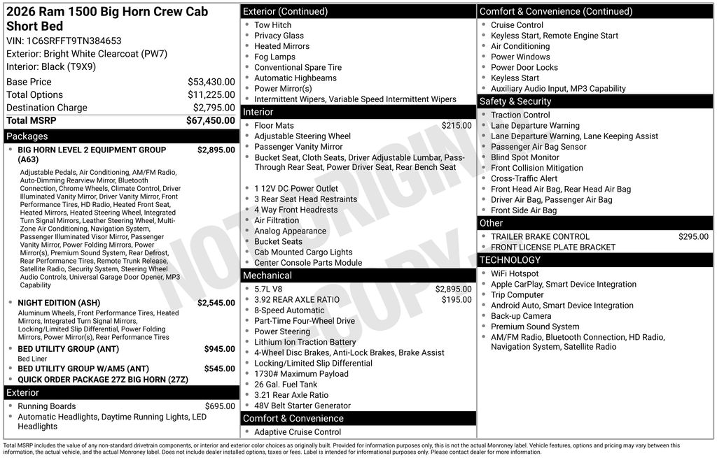 2026 Bright White Clearcoat Ram 1500 Big Horn/Lone Star 4X4 Truck