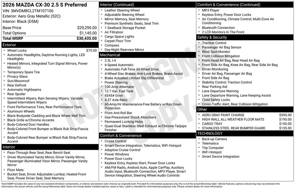 2026 Mazda Mazda CX-30 CX-30 2.5 S PF AWD 2026 Mazda Mazda CX-30 CX-30 2.5 S PF AWD