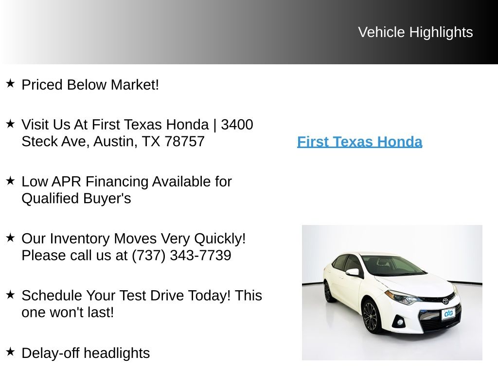 Used Car 2015 Toyota Corolla  L For Sale Under $15,000 In Austin, Texas