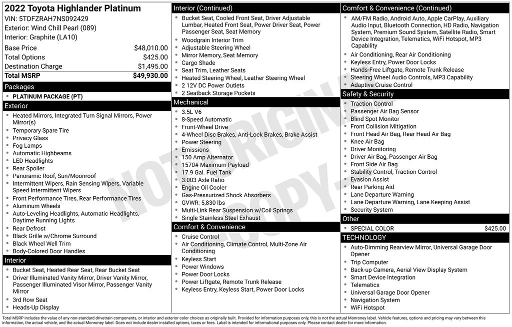 Used Car 2022 Toyota Highlander  Platinum For Sale Under $50,000 In Austin, Texas