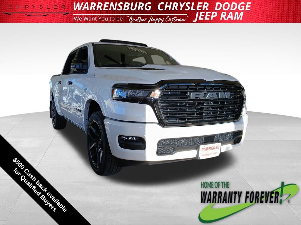 Ivory White Tri-Coat Pearlcoat 2026 RAM 1500 Laramie Crew Cab 4WD Pickup Truck Four-Wheel Drive 8-Speed Automatic