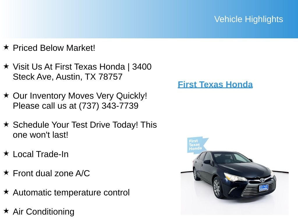 Used Car 2016 Toyota Camry  Xle For Sale Under $12,000 In Austin, Texas