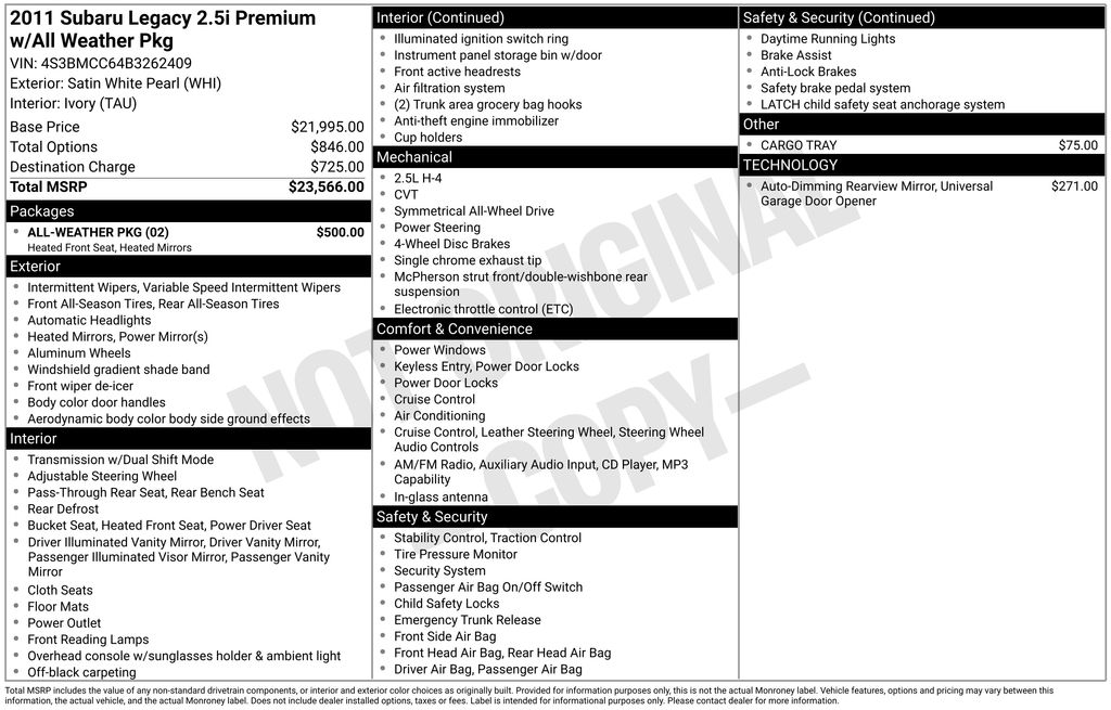 Used Car 2011 Subaru Legacy  2.5i For Sale Under $12,000 In Austin, Texas