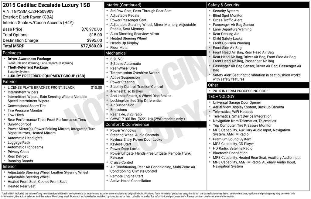 Black Raven 2015 Cadillac Escalade SUV / Crossover Rear-Wheel Drive 8-Speed Automatic