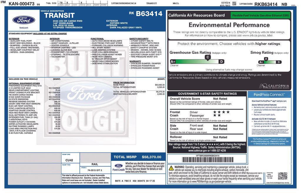 New 2024 Ford Transit Cargo Van 148 WB Extended 250 High Roof