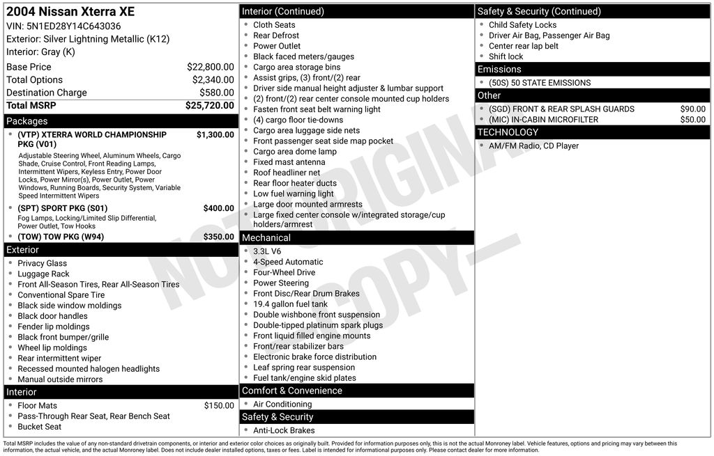 Used 2004 Nissan Xterra XE with VIN 5N1ED28Y14C643036 for sale in Carlsbad, CA