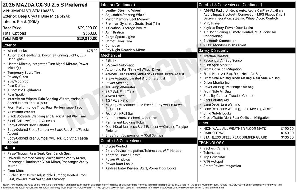 2026 Mazda Mazda CX-30 CX-30 2.5 S PF AWD 2026 Mazda Mazda CX-30 CX-30 2.5 S PF AWD