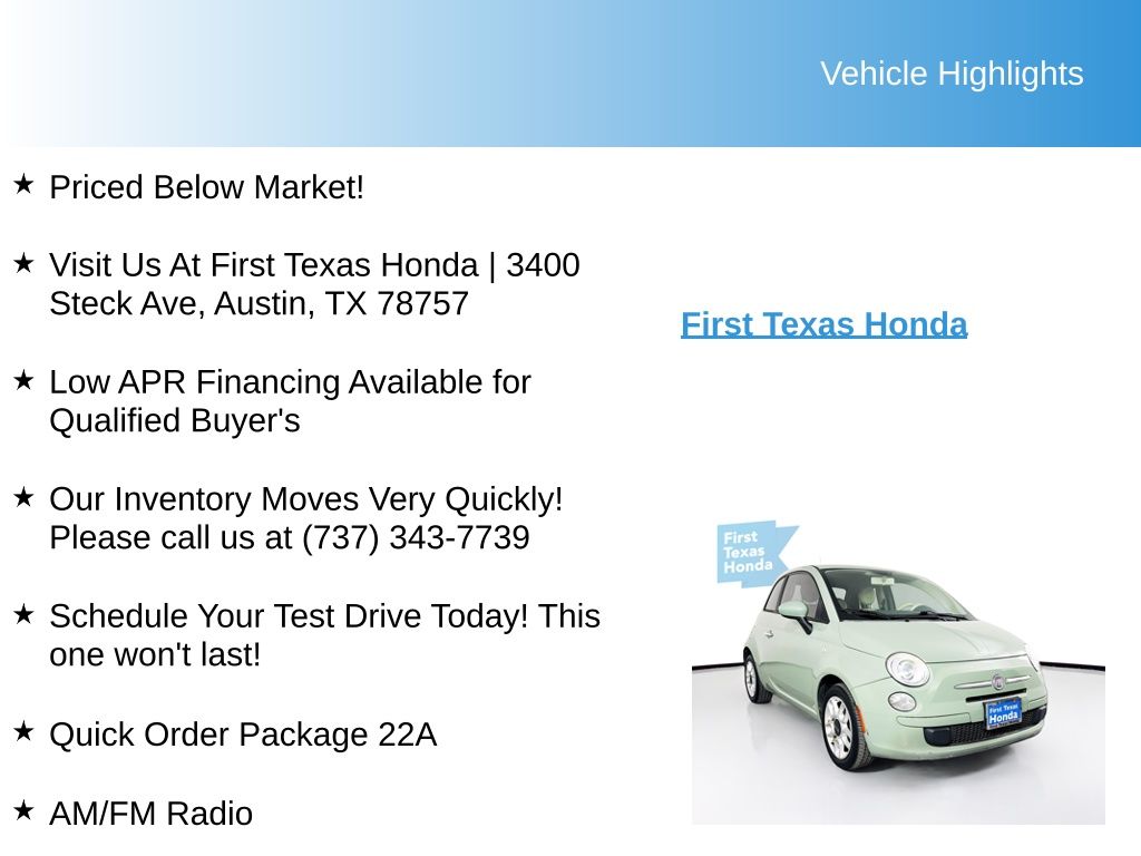 Used Car 2012 Fiat 500  Pop For Sale Under $10,000 In Austin, Texas