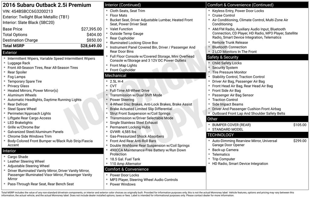 Used Car 2016 Subaru Outback  2.5i Premium For Sale Under $15,000 In Austin, Texas