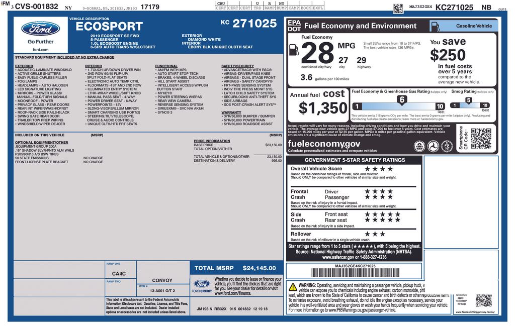 used 2019 Ford EcoSport car, priced at $12,300