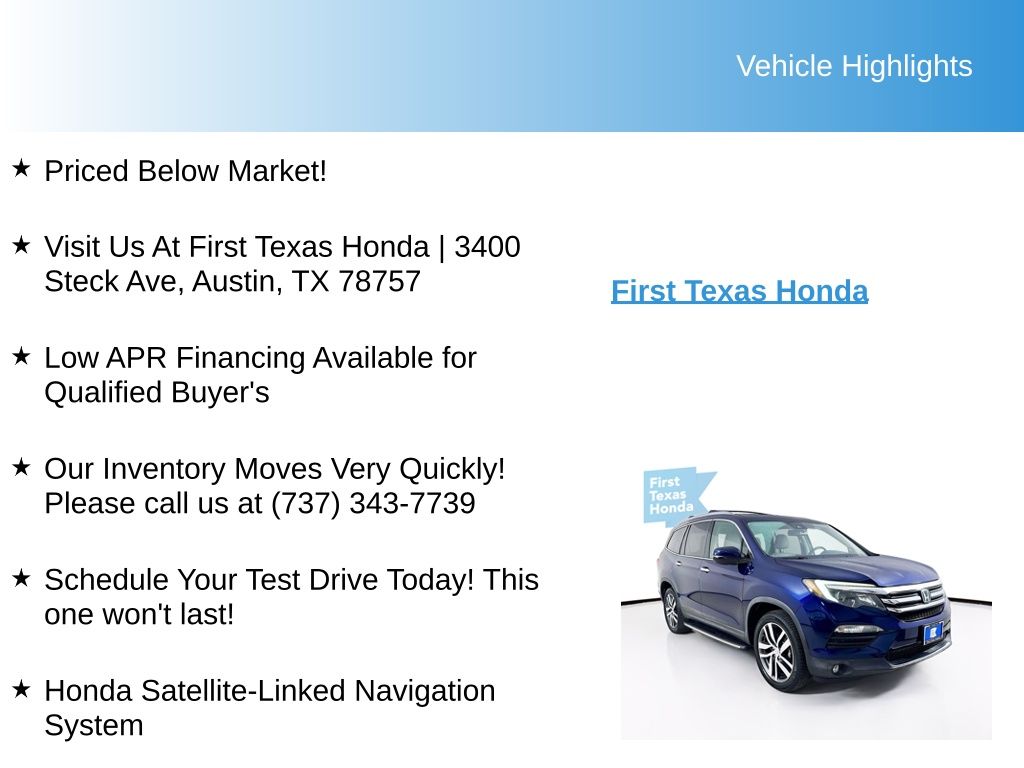 Used Car 2016 Honda Pilot  Elite For Sale Under $20,000 In Austin, Texas