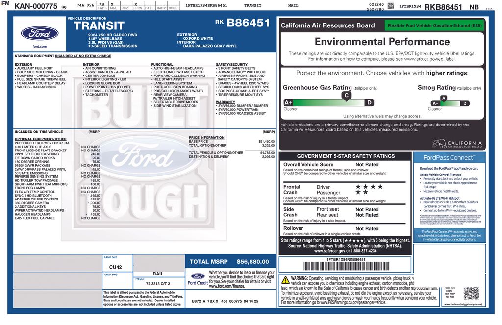 New 2024 Ford Transit Cargo Van 148 WB Long 250 High Roof