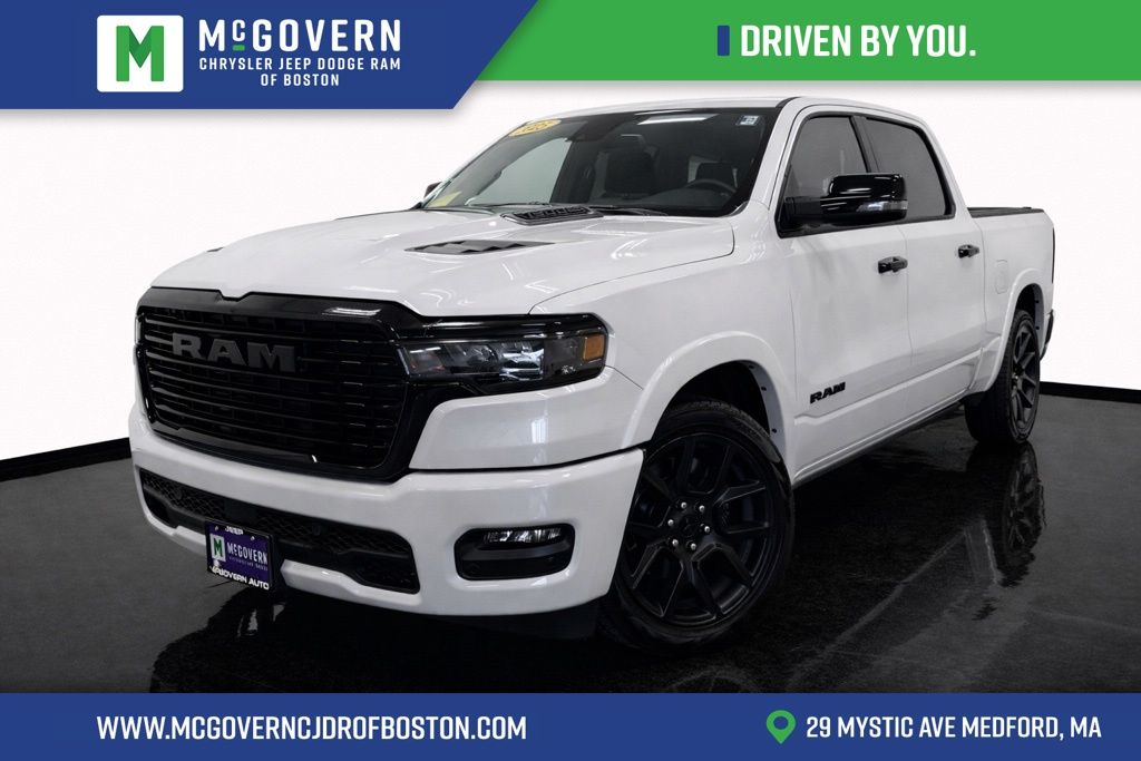 Ivory White Tri-Coat Pearlcoat 2025 RAM 1500 Laramie Crew Cab 4WD Pickup Truck Four-Wheel Drive 8-Speed Automatic