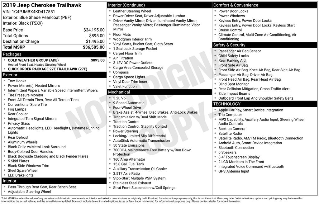 2019 Blue Shade Pearlcoat Jeep Cherokee Trailhawk 4X4 SUV