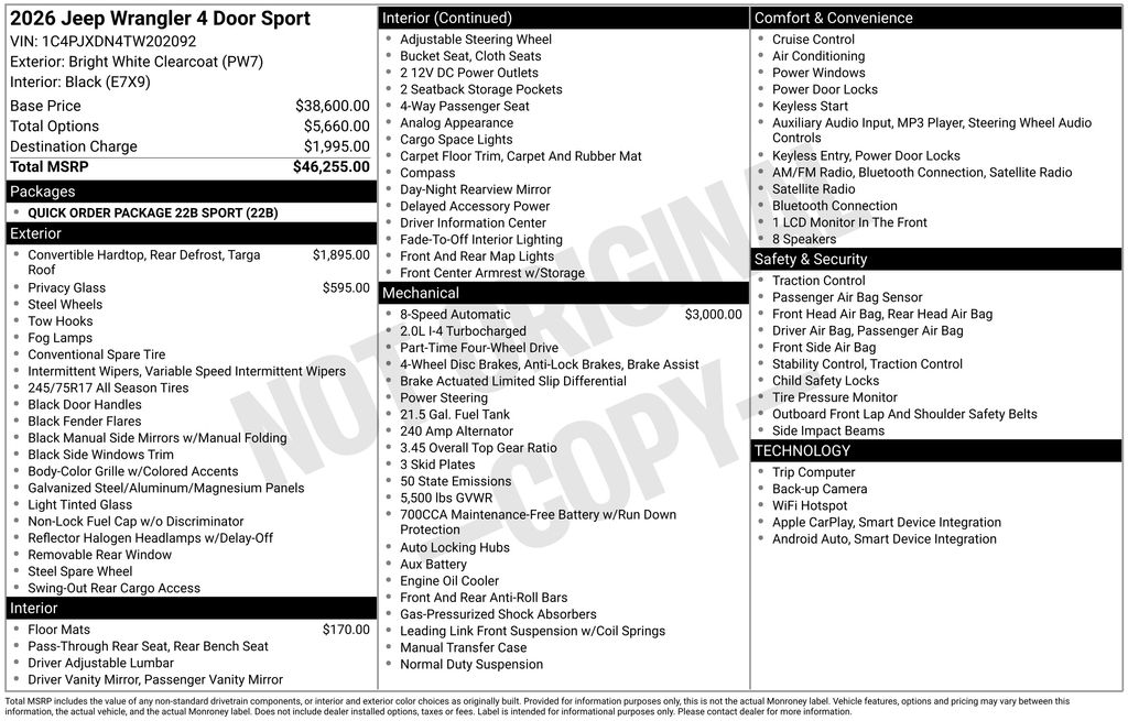 new 2026 Jeep Wrangler car, priced at $39,122