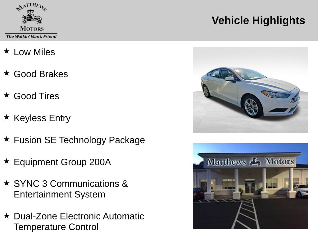 2018 Ford Fusion SE White at Matthews Motors of Wilmington