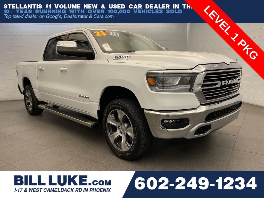 Bright White Clearcoat 2023 RAM 1500 Laramie Crew Cab 4WD Pickup Truck Four-Wheel Drive 8-Speed Automatic