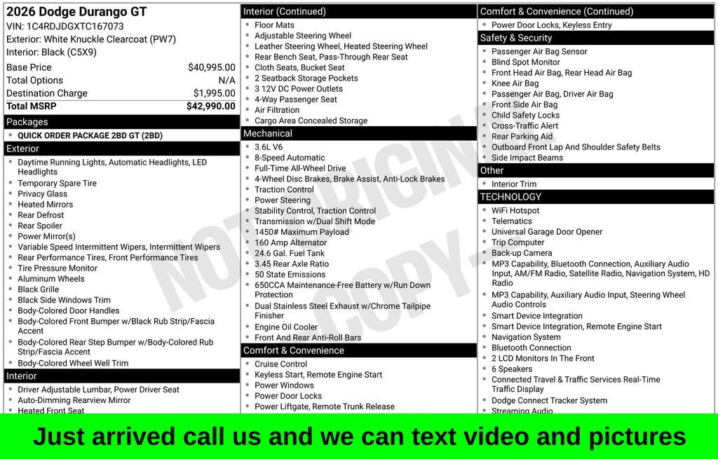 White Knuckle Clearcoat 2026 Dodge Durango SUV / Crossover All-Wheel Drive 8-Speed Automatic