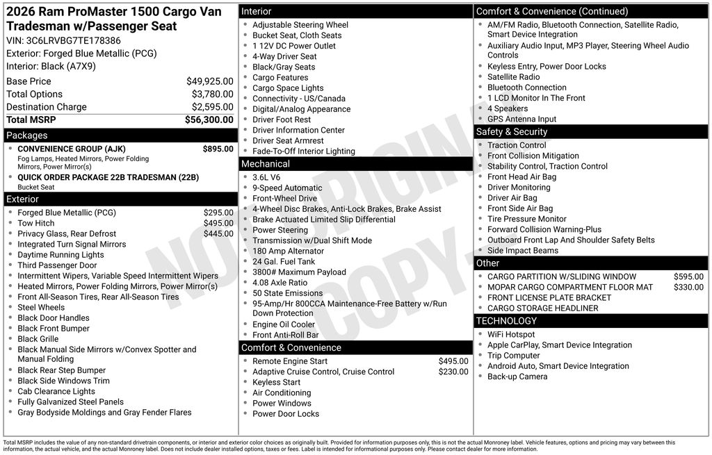 new 2026 Ram ProMaster 1500 car, priced at $47,722