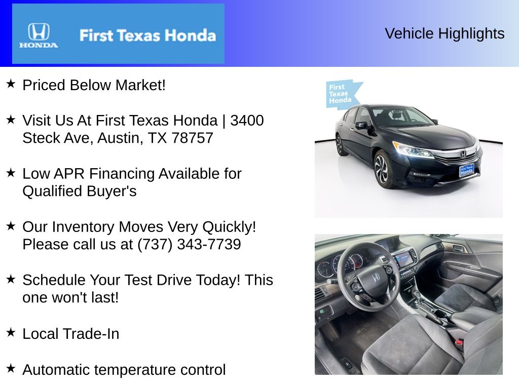Used Car 2016 Honda Accord  Ex For Sale Under $15,000 In Austin, Texas