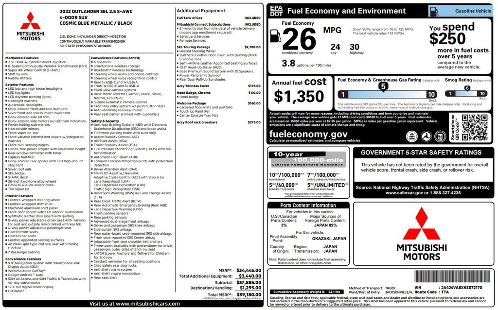 Cosmic Blue Metallic 2022 Mitsubishi Outlander SEL S-AWC SUV / Crossover All-Wheel Drive Continuously Variable Transmission