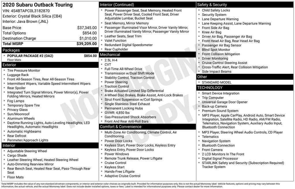 2020 Subaru Outback Touring Black at Subaru and VW of Moon Township