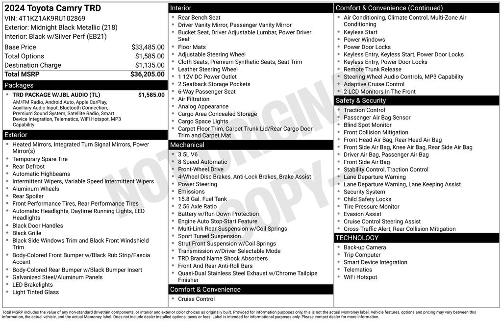 2024 Midnight Black Metallic Toyota Camry TRD V6 FWD Sedan