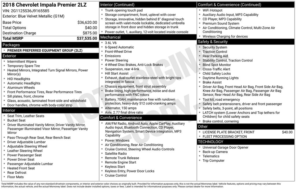 Blue Velvet Metallic 2018 Chevrolet Impala Premier FWD Sedan Front-Wheel Drive 6-Speed Automatic Overdrive