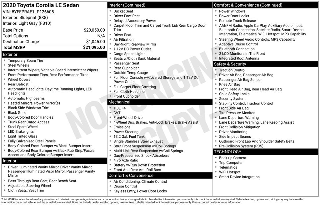 Used Car 2020 Toyota Corolla  Le For Sale Under $20,000 In Austin, Texas