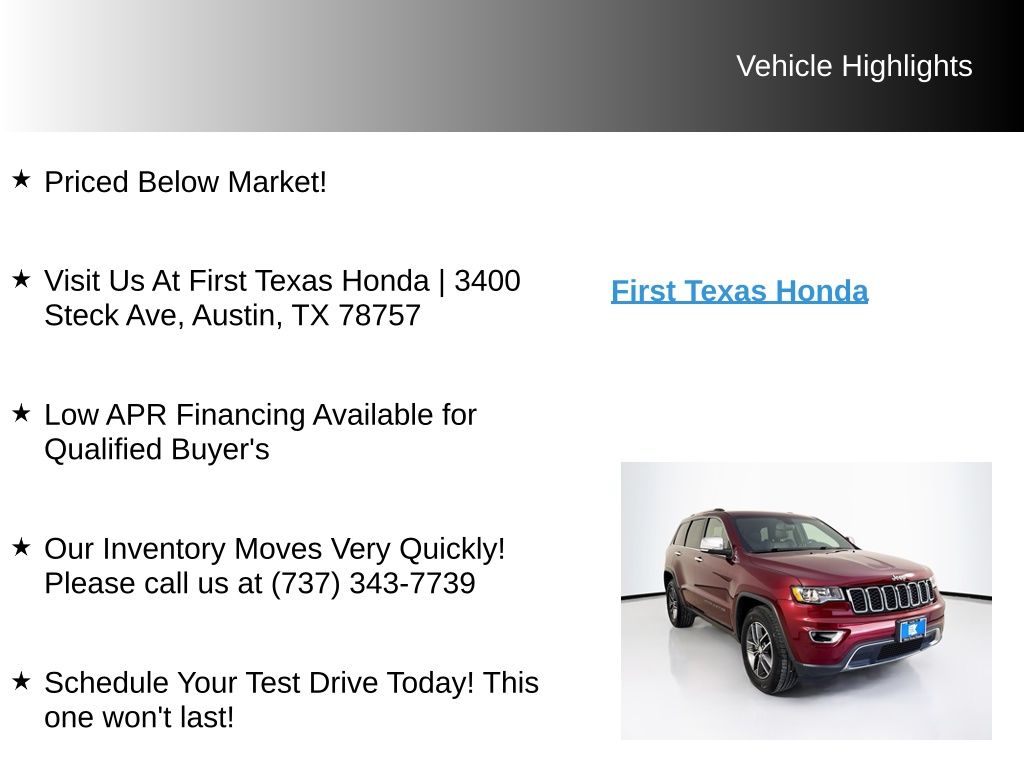 Used Car 2018 Jeep Grand Cherokee  Limited For Sale Under $20,000 In Austin, Texas