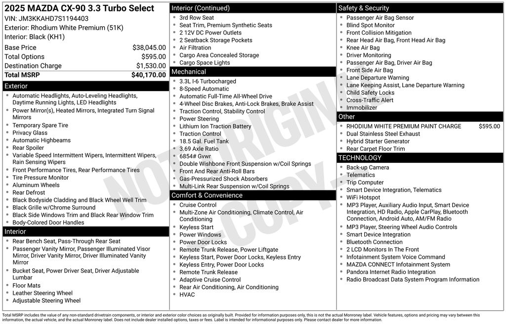 2025 Mazda CX-90 3.3 Turbo Select White at South Hills Kia