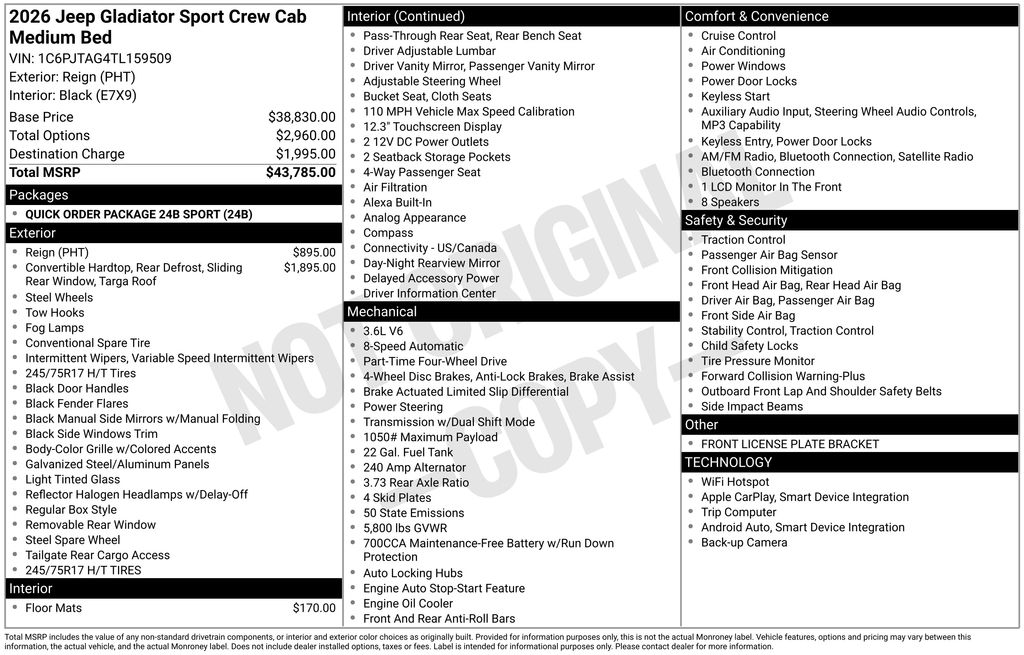 new 2026 Jeep Gladiator car, priced at $42,034