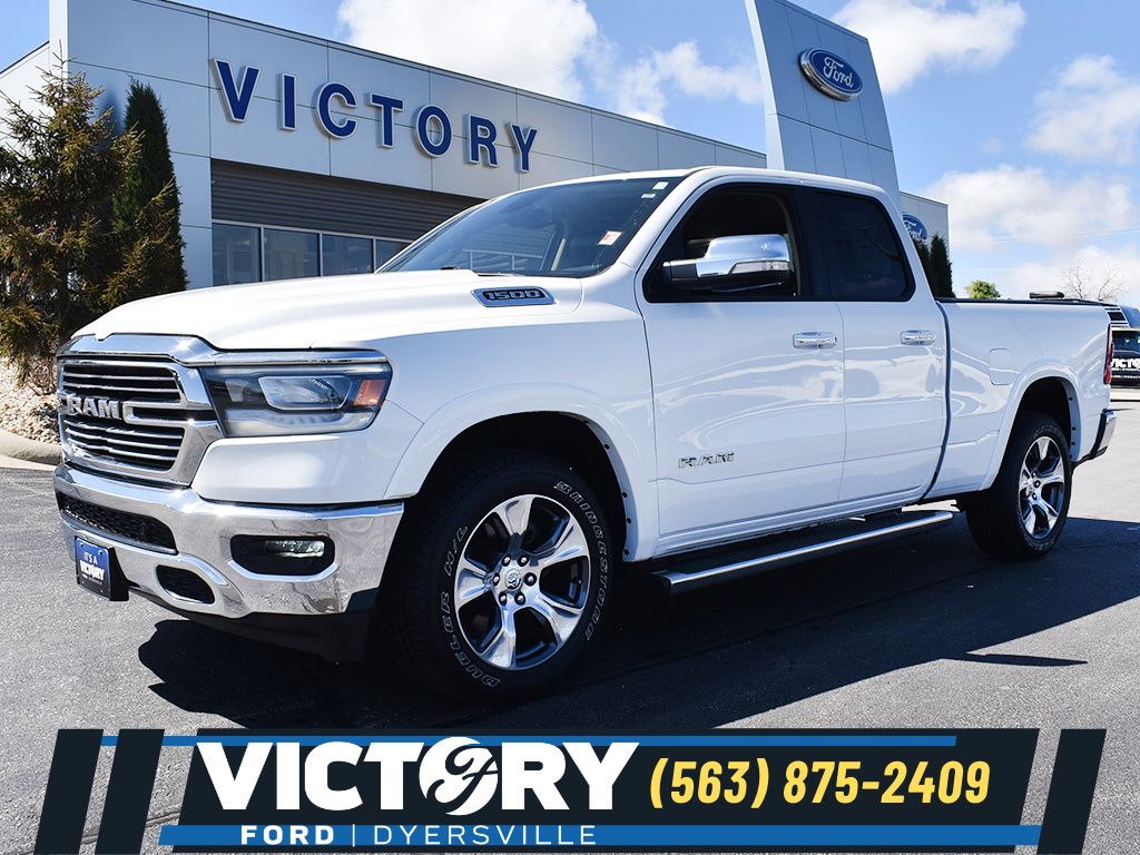Ivory White Tri-Coat Pearlcoat 2019 RAM 1500 Laramie Quad Cab 4WD Pickup Truck Four-Wheel Drive 8-Speed Automatic