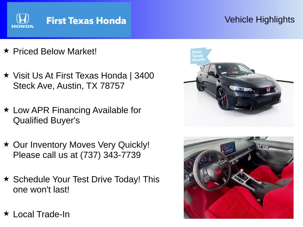 New Car 2025 Honda Civic Type R  Base For Sale Under $60,000 In Austin, Texas