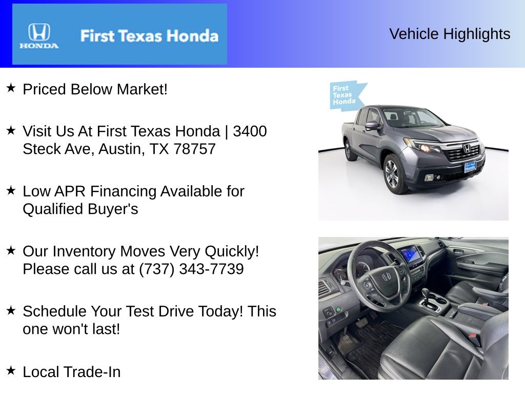 Used Car 2017 Honda Ridgeline  Rtl-t For Sale Under $20,000 In Austin, Texas