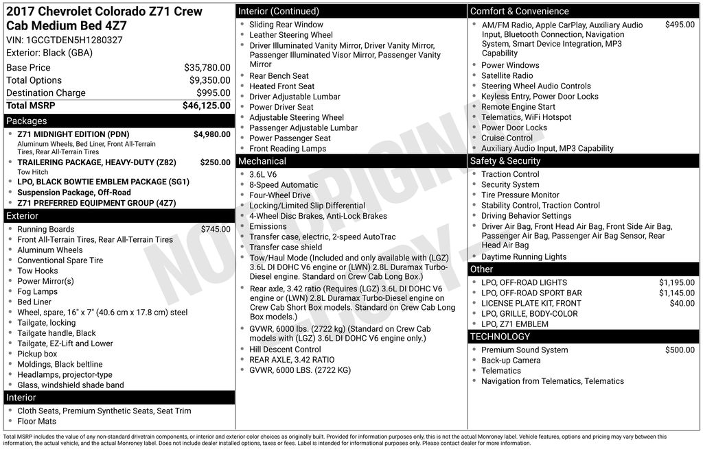 2017 Black Chevrolet Colorado Z71 4X4 Truck