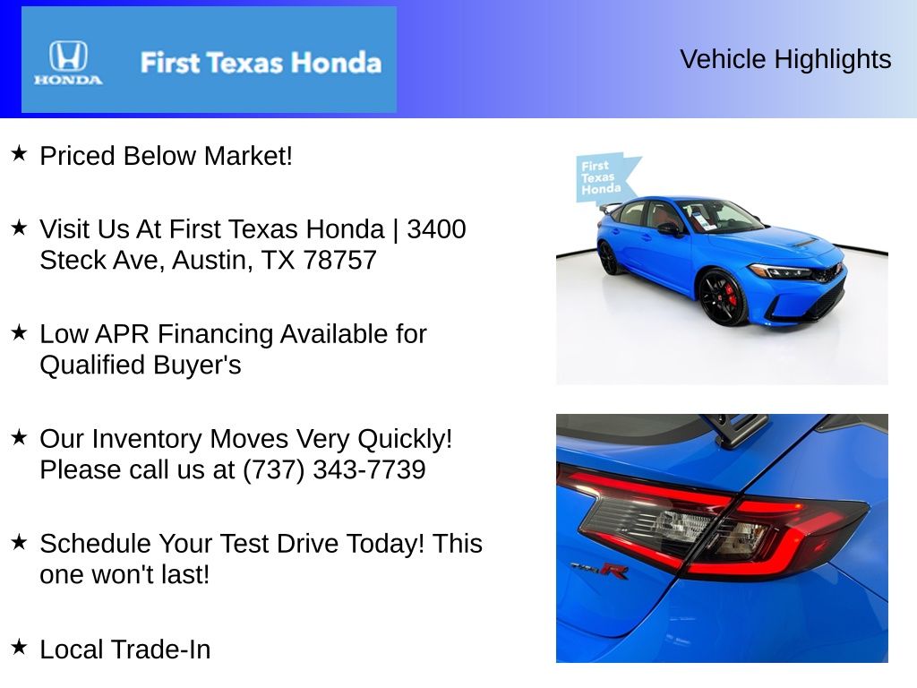 New Car 2025 Honda Civic Type R  For Sale Under $60,000 In Austin, Texas