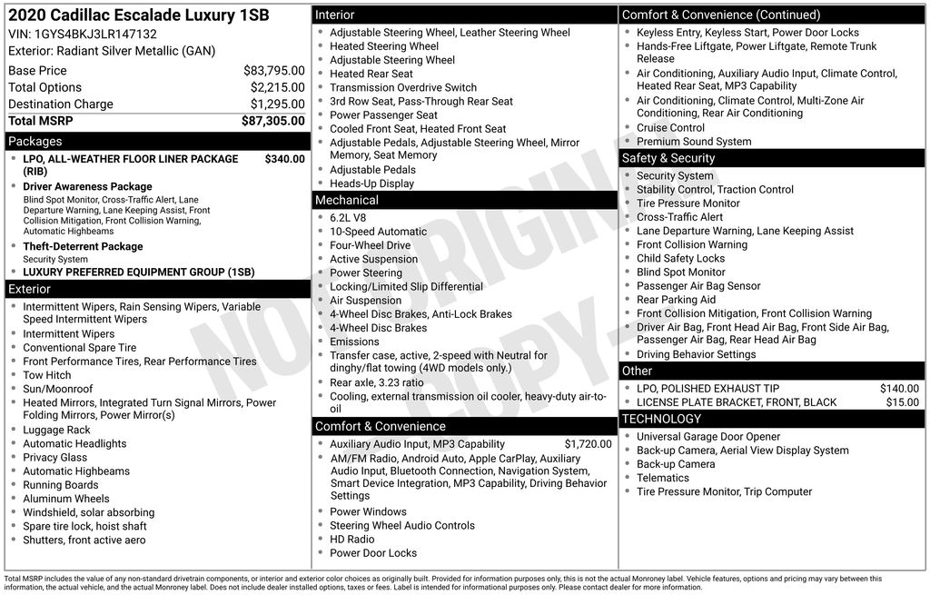 Radiant Silver Metallic 2020 Cadillac Escalade Luxury 4WD SUV / Crossover Four-Wheel Drive