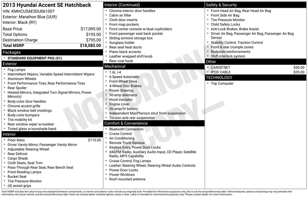 Marathon Blue 2013 Hyundai Accent SE 4-Door Hatchback FWD Hatchback Front-Wheel Drive 6-Speed Automatic Overdrive