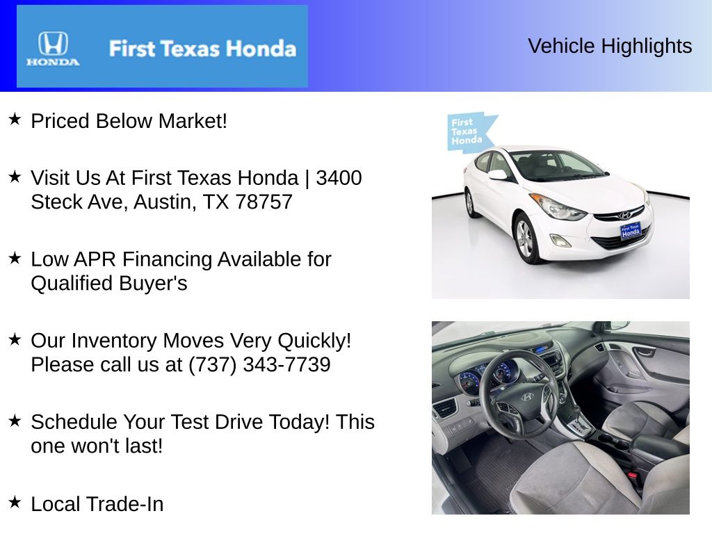 Used Car 2013 Hyundai Elantra  Gls For Sale Under $10,000 In Austin, Texas