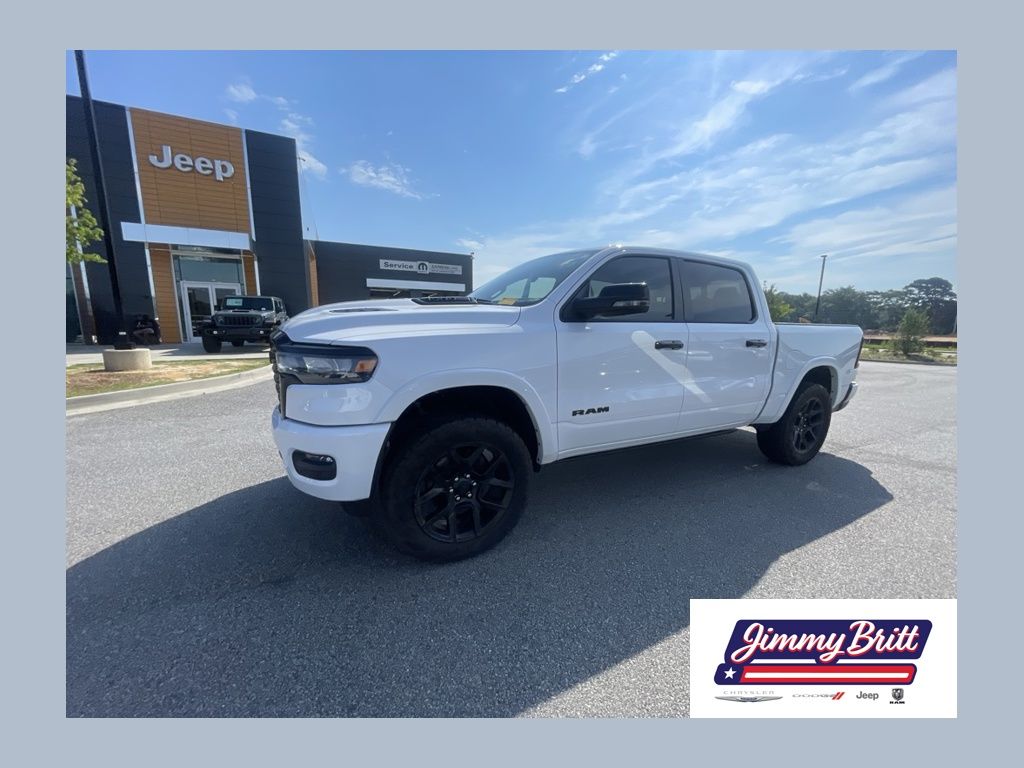 Ivory White 2025 RAM 1500 Laramie Crew Cab 4WD Pickup Truck Four-Wheel Drive 8-Speed Automatic