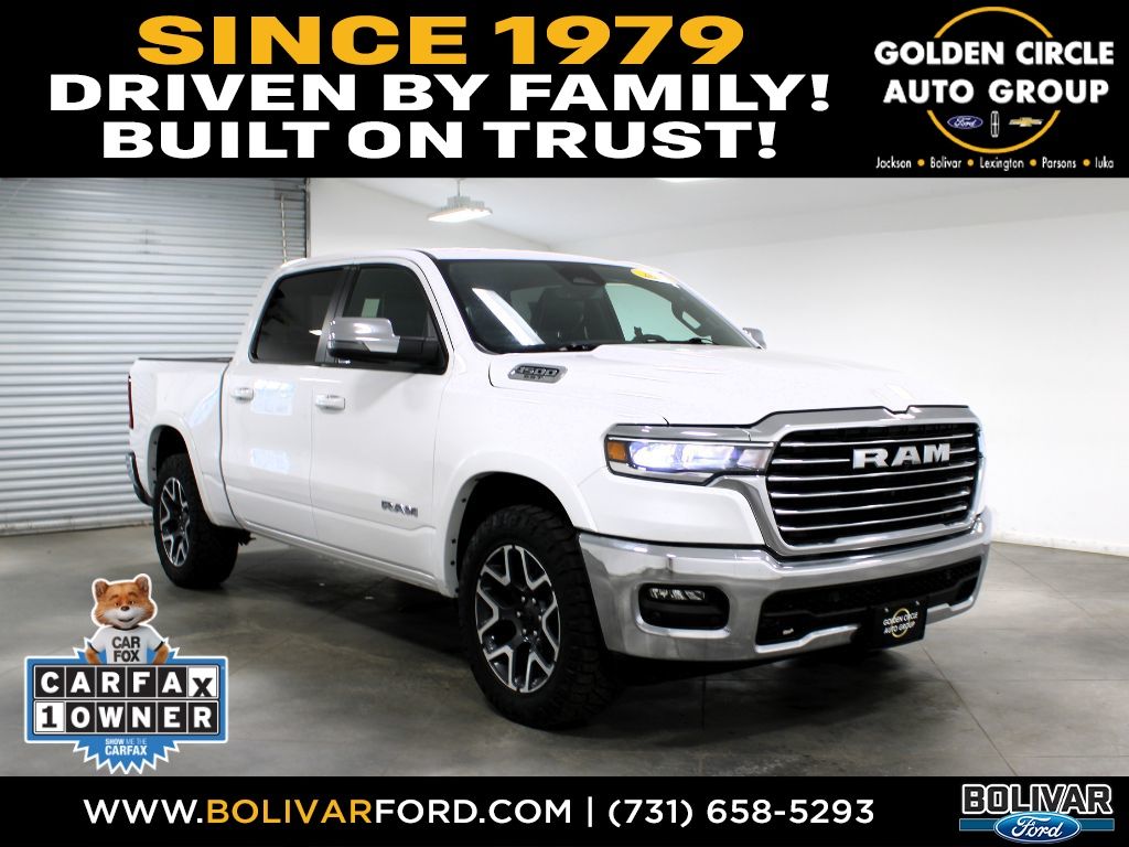 Bright White Clearcoat 2025 RAM 1500 Laramie Crew Cab 4WD Pickup Truck Four-Wheel Drive 8-Speed Automatic