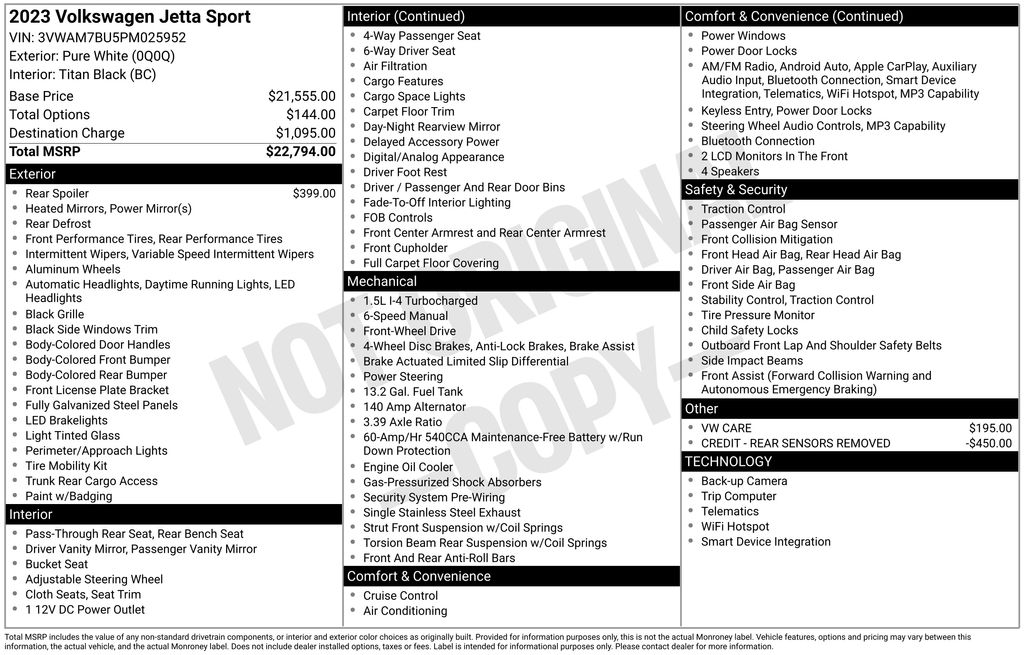 Pure White 2023 Volkswagen Jetta 1.5T Sport FWD Sedan Front-Wheel Drive 6-Speed Manual