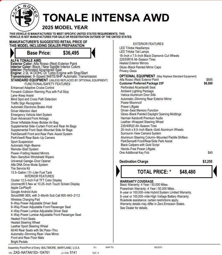 2025 Alfa Romeo Tonale Intensa AWD