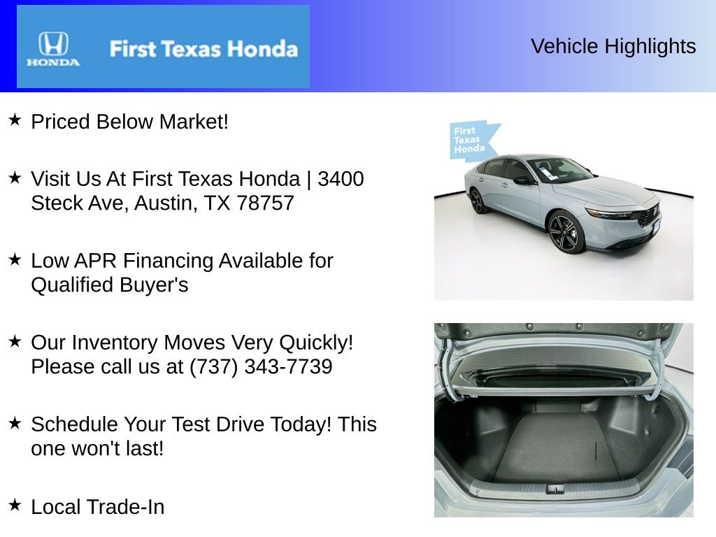 New Car 2025 Honda Accord Hybrid  Sport For Sale Under $35,000 In Austin, Texas