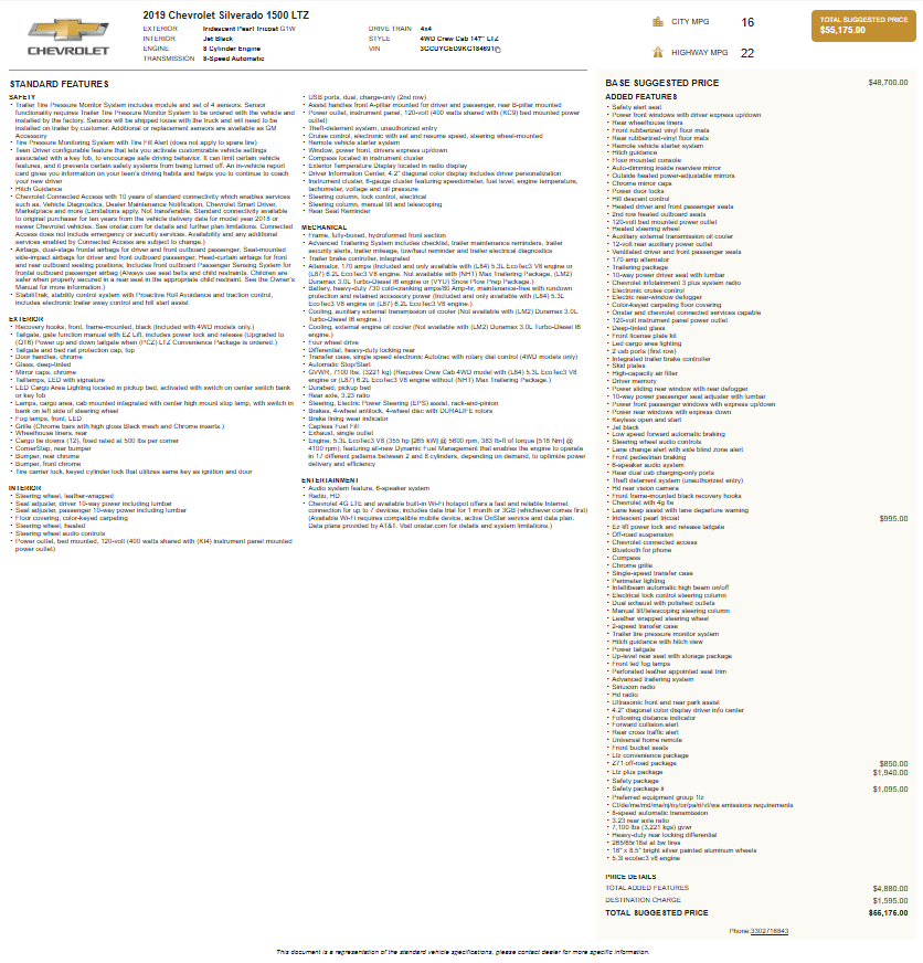 White (Iridescent Pearl Tricoat) 2019 Chevrolet Silverado 1500 LTZ Crew Cab 4WD Pickup Truck Four-Wheel Drive 8-Speed Automatic