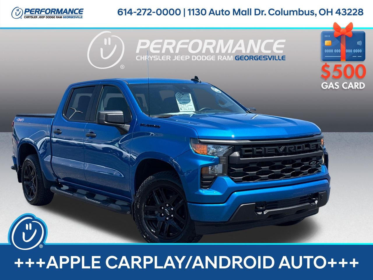 Glacier Blue Metallic 2024 Chevrolet Silverado 1500 Custom Crew Cab 4WD Pickup Truck Four-Wheel Drive 8-Speed Automatic