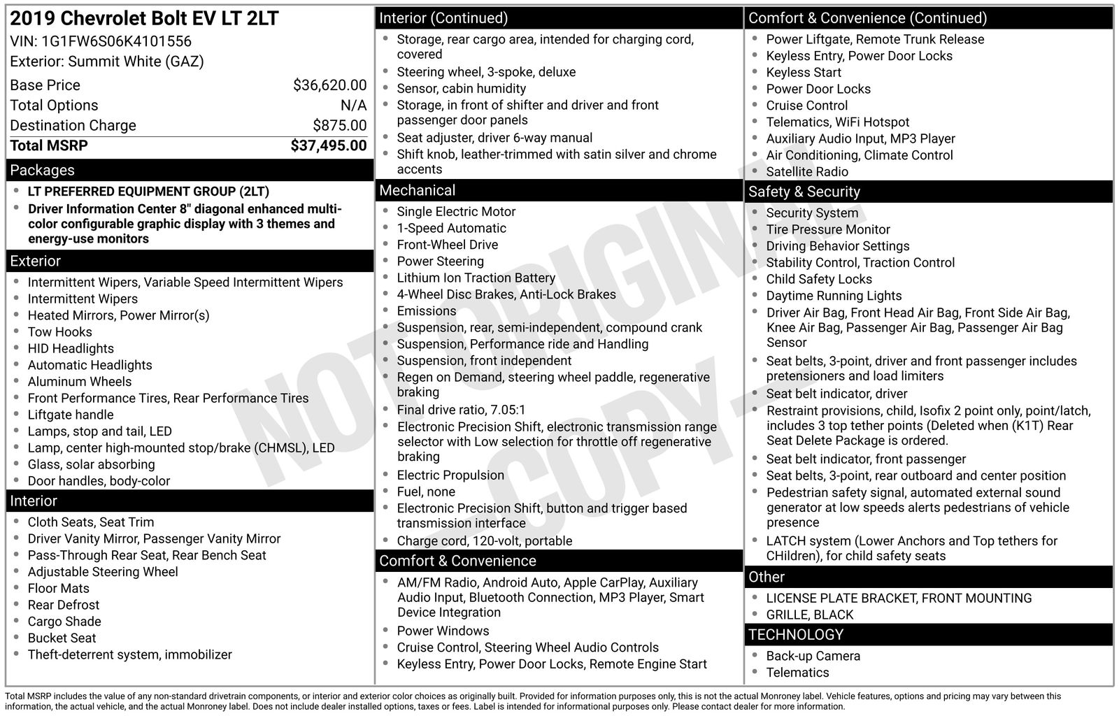 Summit White 2019 Chevrolet Bolt EV LT FWD Hatchback Front-Wheel Drive 1-Speed Automatic